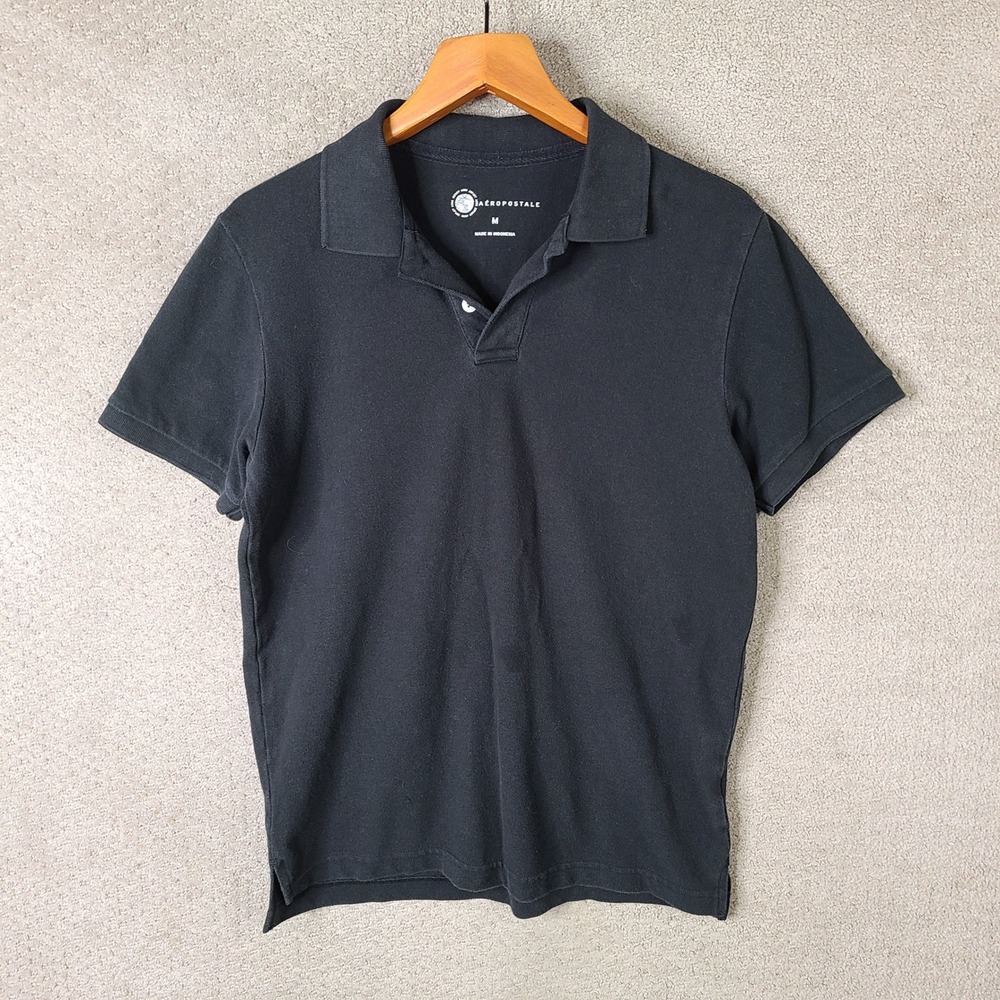 Aeropostale Shirt Mens Medium Black Polo Pique Cotton Blend Short Sleeve Casual